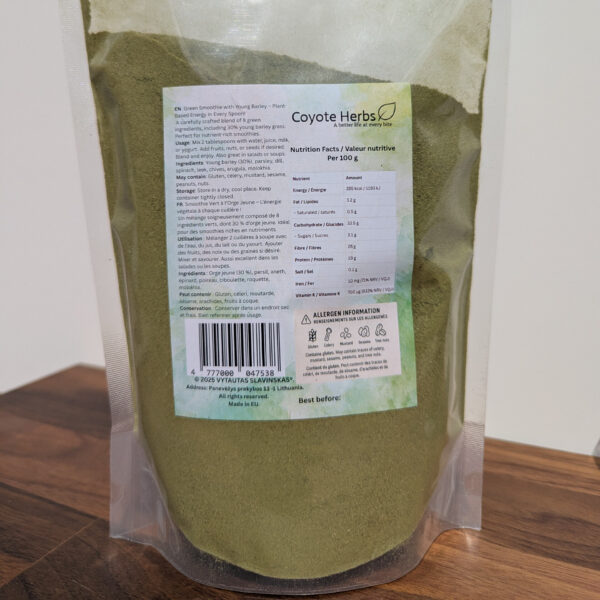Green smoothie superfood blend with young barley, showing product packaging