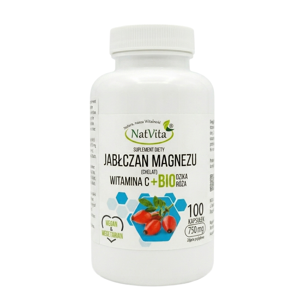 Magnesium Malate 750mg with Vitamin C & Organic Wild Rose | 100 Vegan Capsules – High Strength Bioavailable Chelate Complex by NatVita